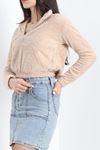 Fermuarlı Crop Peluş Sweat Bej